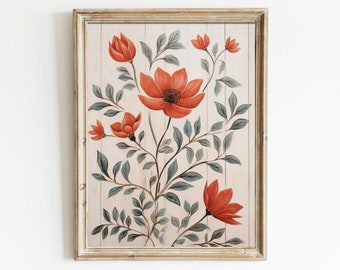 Vintage Floral Wall Art, Red Flower Print, Flower Wall Decor, Rustic Wall Art Wood, Farmhouse Home Decor, Printable Decor
