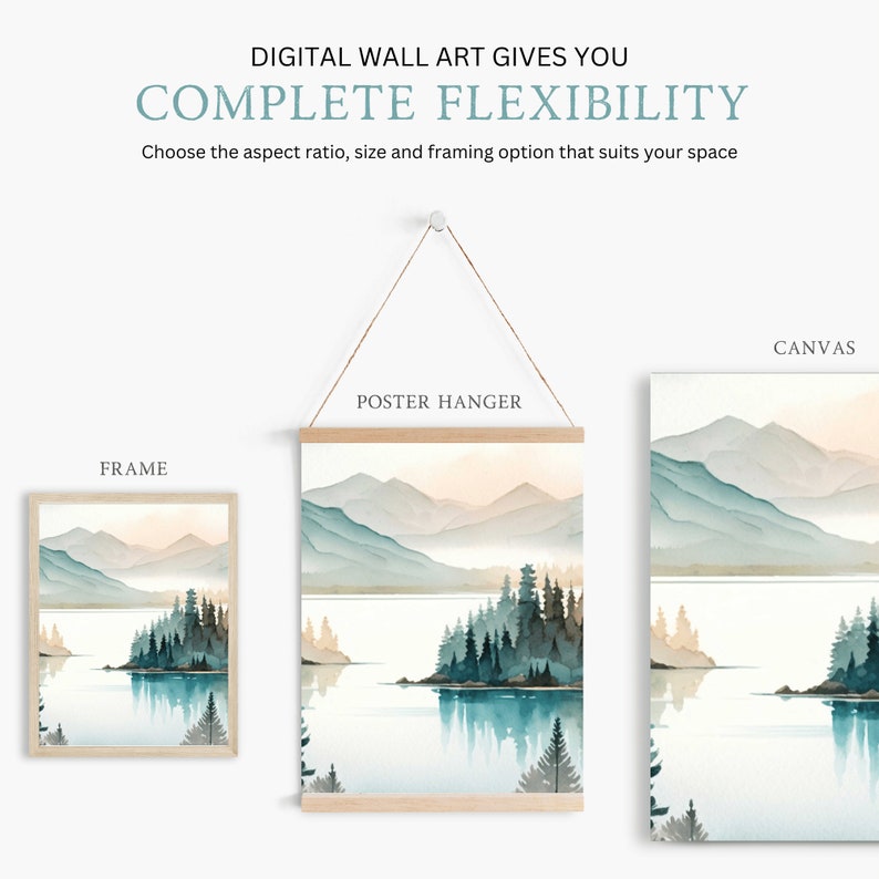 Lake & Mountain Wall Art, Watercolor Forest Landscape Painting, Teal ...