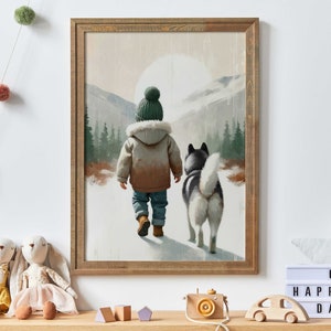 Siberian Husky Nursery Decor, Boy and Dog Print, Husky Print, Rustic Nursery, Puppy Nursery Print, Boy&#39;s Room Decor, Printable Kids Wall Art