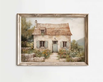 French Cottage Painting, Cottagecore Wall Art, Countryside Wall Decor, Stone House, Rustic Farmhouse Decor, Country Home, PRINTABLE Wall Art