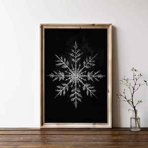 Snow Crystal Print, Christmas Wall Art, Black Chalkboard Art, Modern Farmhouse Winter Wall Decor, Snowflake,Printable Vintage X-mas Wall Art