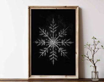 Snow Crystal Print, Christmas Wall Art, Black Chalkboard Art, Modern Farmhouse Winter Wall Decor, Snowflake,Printable Vintage X-mas Wall Art