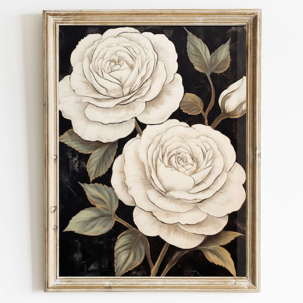 White Rose Painting, Rose Wall Art, Rustic Floral Decor, Black & White Floral Print, Farmhouse Home Decor, Vintage Flower Art, Printable Art