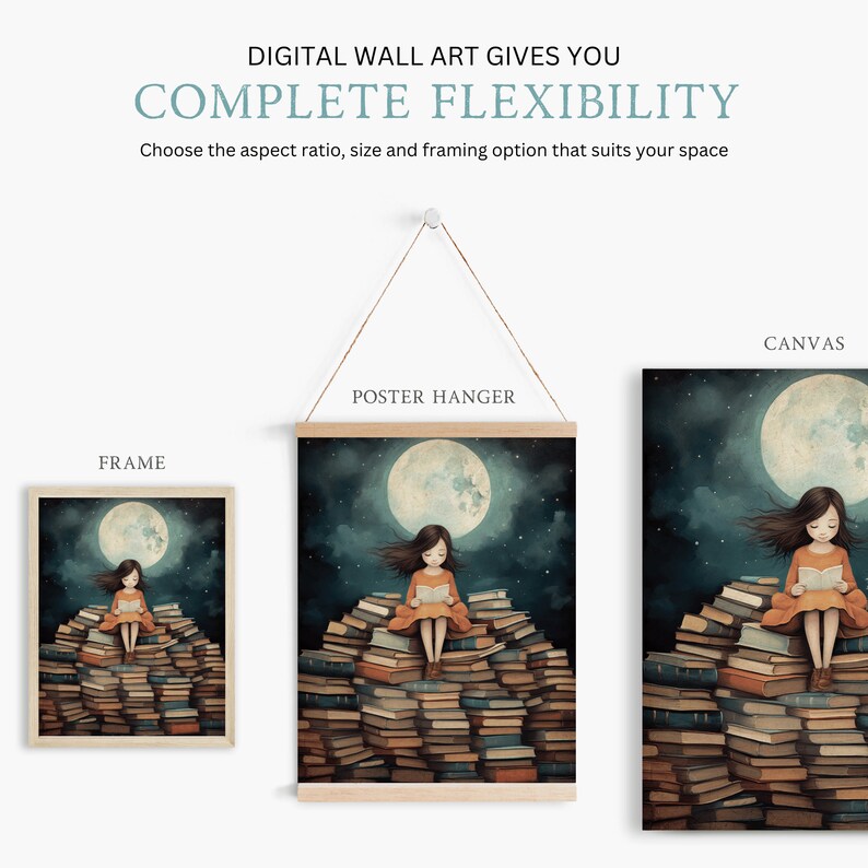 May include: A digital illustration of a girl sitting on a stack of books under a full moon. The image is available in three framing options: framed, canvas, and poster hanger.