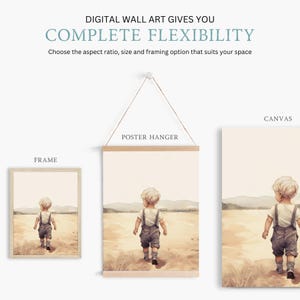 May include: A digital illustration of a young boy walking away from the viewer on a sandy path. The illustration is available in three framing options: framed, canvas, and poster hanger.