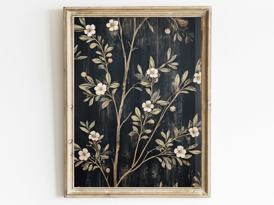 Black Floral Print, Floral Farmhouse Wall Art, Vintage Flower Print ...