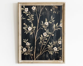 Black Floral Print, Floral Farmhouse Wall Art, Vintage Flower Print, Black Wall Decor, Country Home Decor, Printable Botanical Art