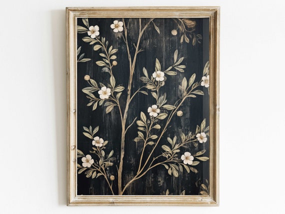 Black Floral Print, Floral Farmhouse Wall Art, Vintage Flower Print, Black Wall Decor, Country Home Decor, Printable Botanical Art