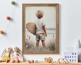 Surfing Nursery Decor Boy, Surfer Boy Print, Beach Boys Room Decor, Beach Nursery Art, Little Boy Surfer, Printable Surfer Wall Art for Kids