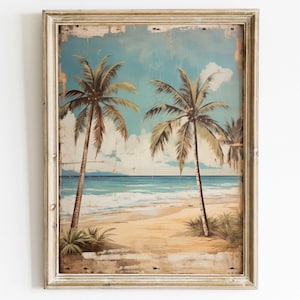 Tropical Beach Painting, Beach Wall Art, Vintage Beach Print, Palm Tree Art Print, Rustic Home Decor, Printable Ocean Wall Decor