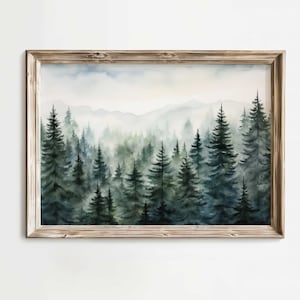 Misty Spruce, Fir & Pine Tree Forest, Watercolor Forest Wall Art, Forest Landscape Print, Misty Forest Wall Decor, PRINTABLE Nature Art