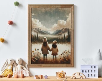 Arte para dormitorio de hermanas, impresión de aventuras de niñas, decoración de habitación de hermanas, pintura de hermanas, dos niñas, arte infantil de montaña, arte de pared para niñas imprimible