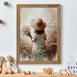 Wildflower Field Nursery Art, Cute Girl&#39;s Room Wall Art, Rustic Nursery Decor, Vintage Art Girl, Toddler Decor Girl, Printable Girl Wall Art