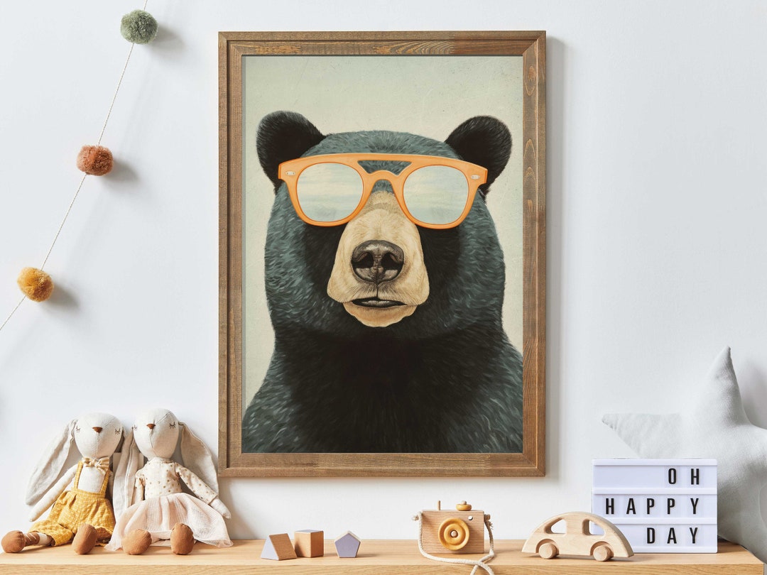 Cool Bear Wall Art, Animals Wearing Glasses, Funny Vintage Art, Black ...