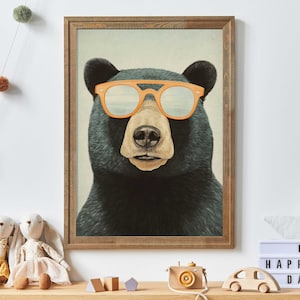 Cool Bear Wall Art, Animals Wearing Glasses, Funny Vintage Art, Black Bear Nursery Decor, Bear Print, Toddler Room Decor Boy, Printable Art