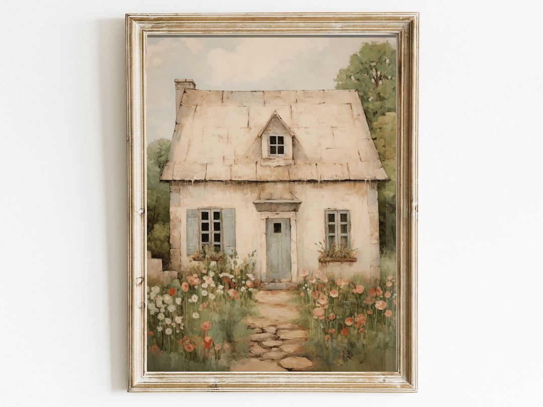 Vintage Stone House Print, Stone House Cottage Painting
