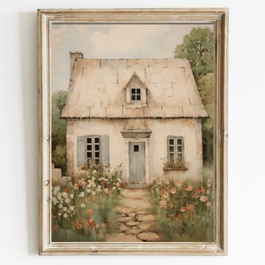 Impresión de casa de piedra vintage, pintura de cabaña de piedra, arte rural francés, decoración rústica de pared, arte de cabaña de campo imprimible
