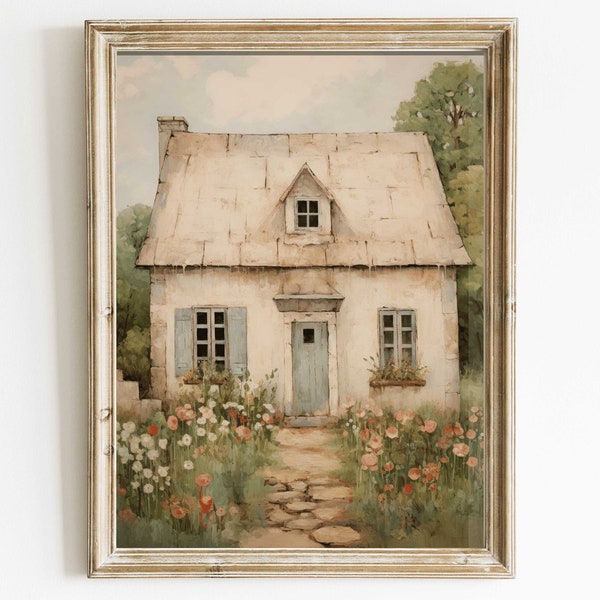 Vintage Stone House Print, Stone House Cottage Painting, French Countryside Art, Rustic Farmhouse Wall Decor, PRINTABLE Country Cottage Art