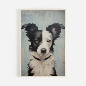 K&ouml;nnte beinhalten: Ein Gem&auml;lde eines schwarz-wei&szlig;en Border Collies mit braunen Augen. Der Hund schaut direkt auf den Betrachter. Der Hintergrund ist hellblau und hat eine strukturierte Oberfl&auml;che.