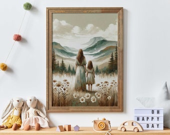 Mother Daughter Wall Art, Mom and Daughter Print, Mom & Child Painting, Daughter Print, Adventure Girl Art, Mother Gift,Printable Family Art