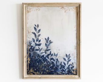 Blue Leaves Wall Art, Gold and Blue Art, Botanical Wall Art, Rustic Botanical Farmhouse Art, Plant Art, Printable Living Room Wall Decor