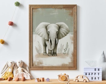 May include: A framed illustration of a gray elephant standing in a green and brown landscape. The elephant has large ears and a long trunk. The background is a muted green with brown accents.
