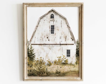 Barn Print, White Barn Painting, Rustic Farmhouse Decor, Vintage Countryside Print, Country Home Decor, Printable Country Style Home Decor