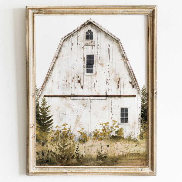 Barn Print, White Barn Painting, Rustic Farmhouse Decor, Vintage Countryside Print, Country Home Decor, Printable Country Style Home Decor