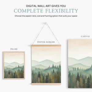 May include: A digital wall art print of a watercolor painting of a forest with mountains in the background. The print is shown in three different framing options: a frame, a poster hanger, and a canvas.