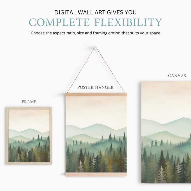 May include: A digital wall art print of a watercolor painting of a forest with mountains in the background. The print is shown in three different framing options: a frame, a poster hanger, and a canvas.