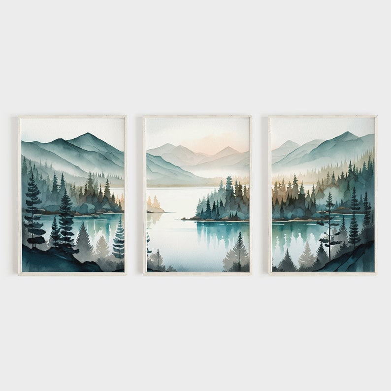 Lake & Mountain Wall Art, Watercolor Forest Landscape Painting, Teal ...