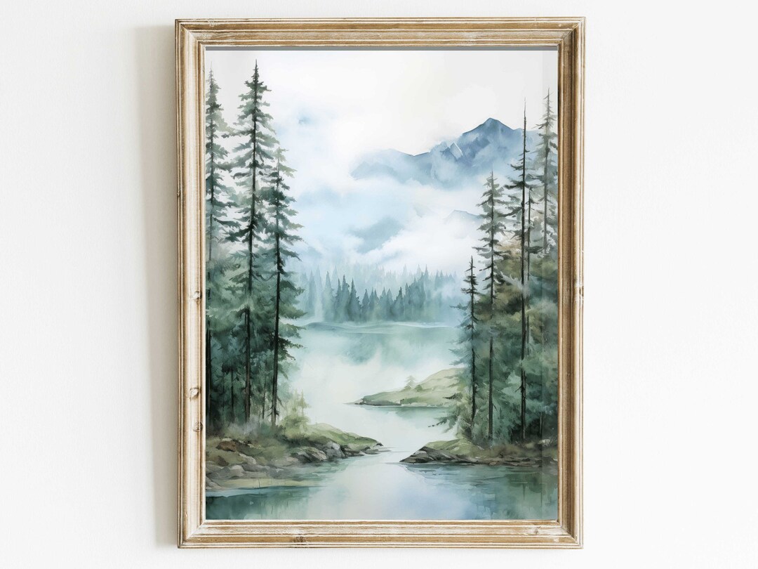 Lake & Mountain Wall Art, Watercolor Forest Landscape Painting, Teal ...