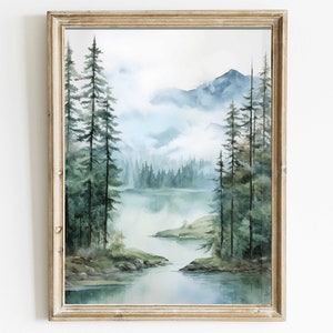 Lake & Mountain Wall Art, Watercolor Forest Landscape Painting, Teal Bedroom or Living Room Decor, Set of 3 Printable Printable Nature Art