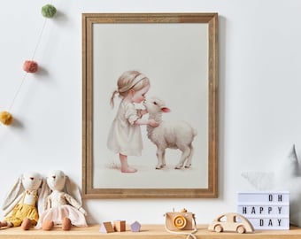 Lamb Nursery Decor, Farmhouse Nursery Decor, Baby Farm Animal Print, Baby Girls Room, Toddler Art, Farm Theme, PRINTABLE Vintage Girl Art