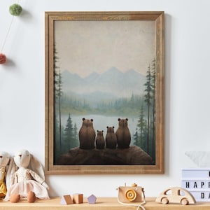 Bear Family Print, Bear Nursery Art, Family of Four, Forest Animals, Woodland Nursery Prints, Toddler Room Decor, Printable Family Wall Art