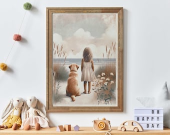 May include: A framed illustration of a young girl and a golden retriever dog standing on a beach, looking out at the ocean. The sky is a soft pink and blue, and there are clouds in the distance. The girl is wearing a white dress, and the dog is looking at her.