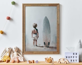 Surfing Nursery Decor Boy, Surfer Boy Print, Beach Boy's Room Decor, Beach Nursery Art, Little Boy with Surfboard, Printable Surfer Art Kids