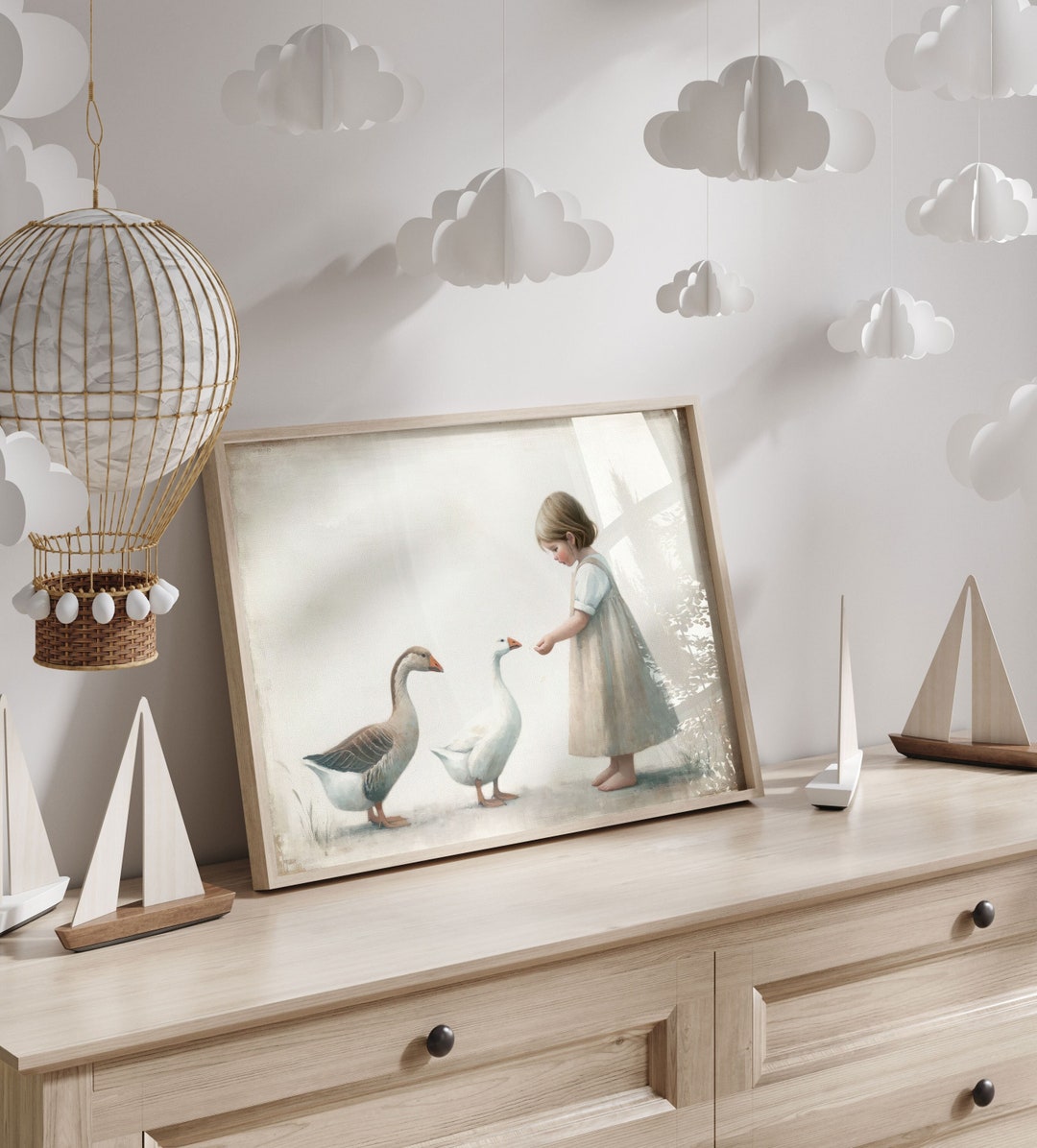 Farmhouse Nursery Decor, Goose Nursery Print, Little Girl Feeding Geese ...