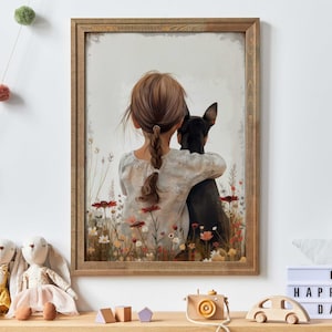 Mini Pinscher Nursery Decor, Brown & Black Miniature Pinscher Art, Dog and Girl Print, Pinscher Girl Room Decor,PRINTABLE Dog Nursery Art
