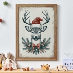 Christmas PRINTABLE Wall Art, Deer Christmas Print, Vintage Christmas Wall Decor, Animal Nursery Christmas Art, Winter Print,Christmas Print