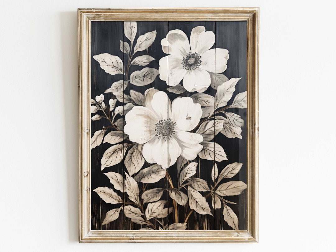 Rustic Floral Wall Decor, Black Wood Wall Art, Black and White Floral Print, Vintage Flower Art
