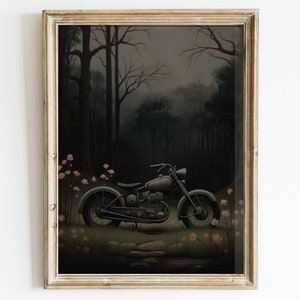 Vintage Motorcycle Art, Motorcycle and Flowers Print, Dark Wall Art, Vehicle Wall Art, Forest Print, Rustic Wall Art, PRINTABLE Wall Decor