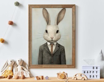 Vintage Nursery Decor, Rabbit in Suit & Tie, Woodland Forest Animal Art, Funny Rabbit Portrait, Animals in Clothes, Printable Art