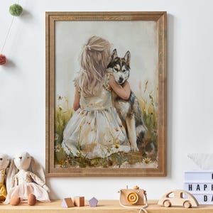 Siberian Husky Nursery Print, Husky Art Print, Girl & Dog Painting, Rustic Dog Print, Girl Nursery Dog Print,Printable Dog Art for Girl Room
