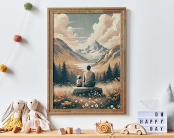 Father & Son Bond Painting, Gift for Dads, Family Love Wall Decor, Adventure Print Nursery, Vintage Nursery Art, Printable Outdoors Wall Art
