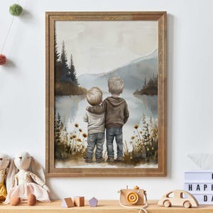 Brother Wall Art, Brother Room Decor, Boys by a Lake, Two Brothers Print, Brother Bedroom Decor, Two Boys Painting, Printable Brother Art