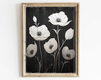 Black Botanical Print, White Flower Print, Rustic Floral Wall Decor, Black & White Floral Print, Farmhouse Home Decor, PRINTABLE Floral Art