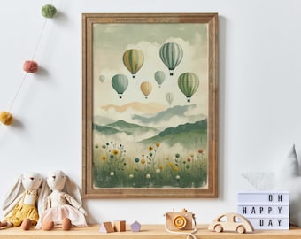 Vintage Hot Air Balloon Decor, Nursery Wall Art, Nostalgic Vintage Pastel Wall Art, Hot Air Balloon Print, Adventure Wall Art for Kids