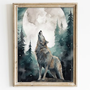 Wolf Art Print, Wolf in the Forest, Full Moon Wall Art, Forest Wall Art, Watercolor Wolf Painting, Woodland Animals, Printable Art