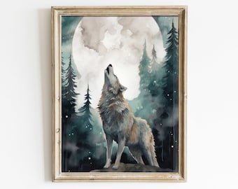 Impresión de arte de lobo, lobo en el bosque, arte de pared de luna llena, arte de pared de bosque, pintura de lobo en acuarela, animales del bosque, arte imprimible